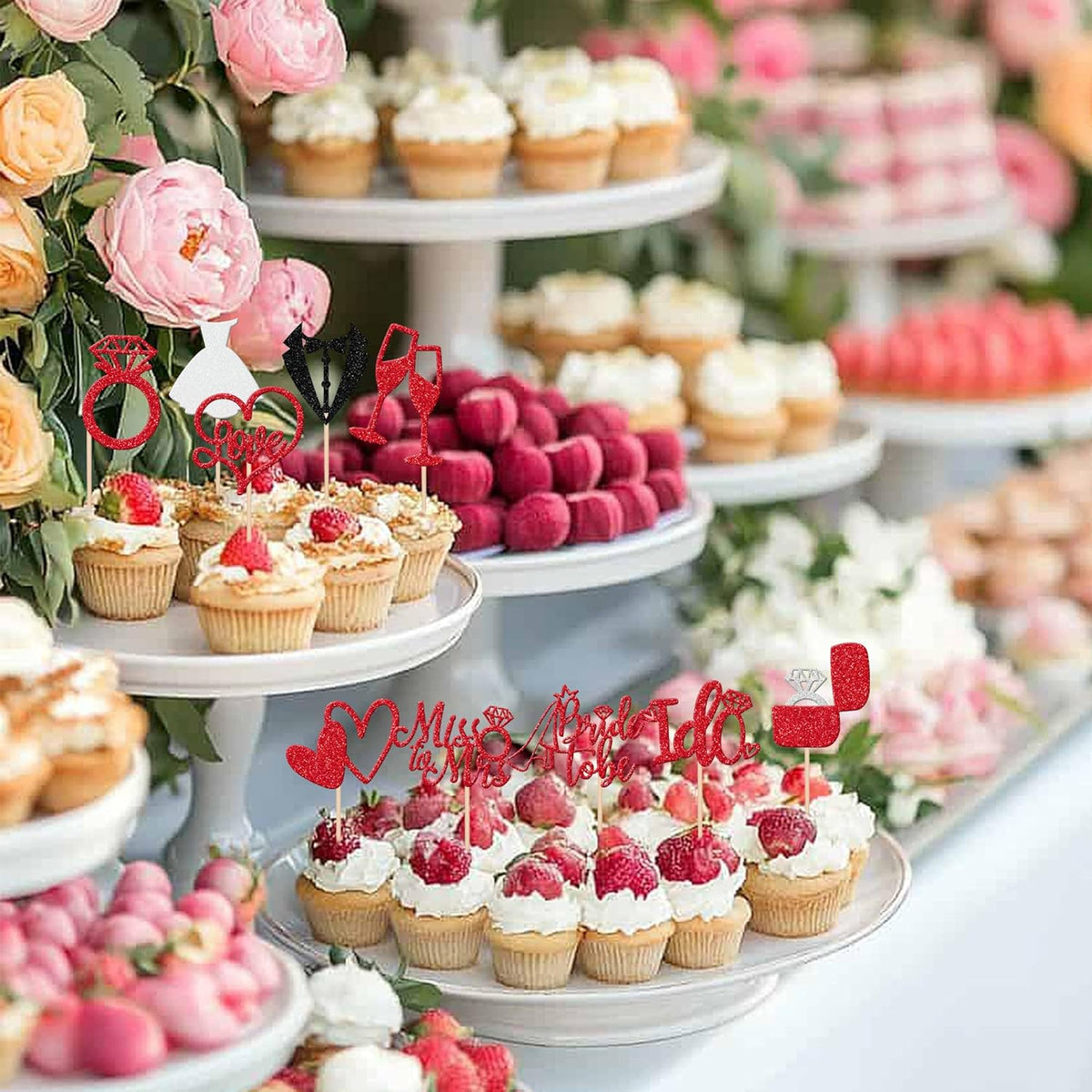 30 PCS Bride to Be Cupcake Toppers Glitter Miss to Mrs I Do Love Heart Ring Cupcake Picks Wedding