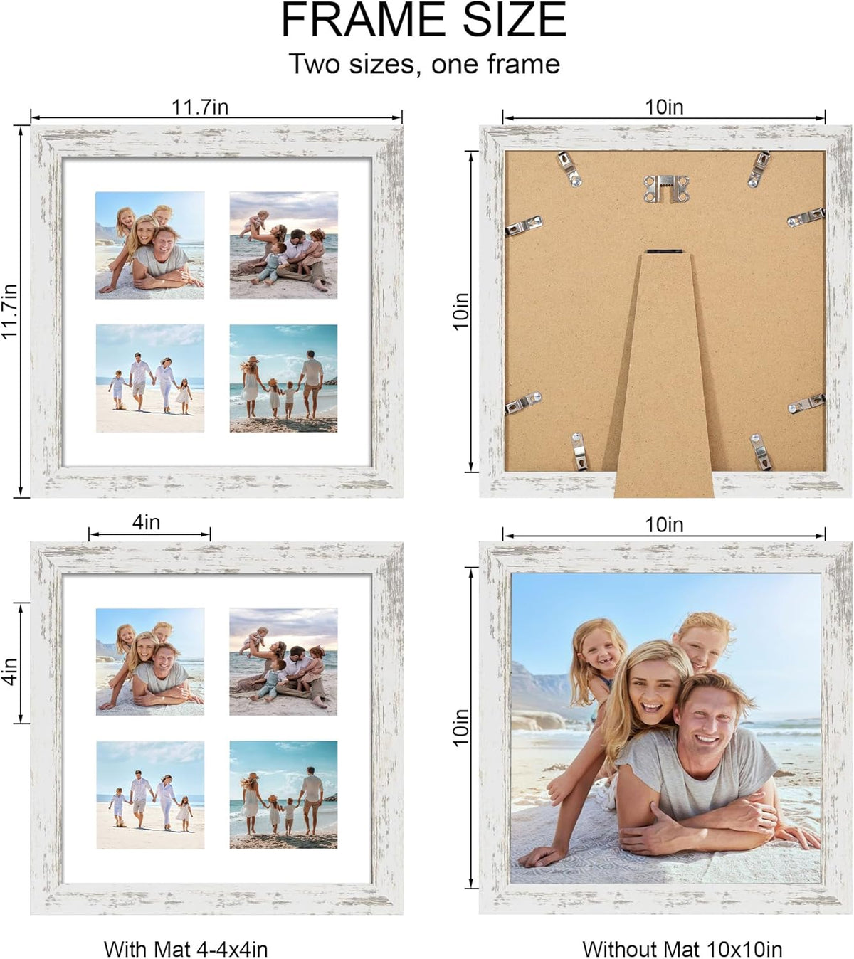 10x10 Picture Frame Set of 2, Real Glass and Distressed White Collage Frame, Display Pictures Four