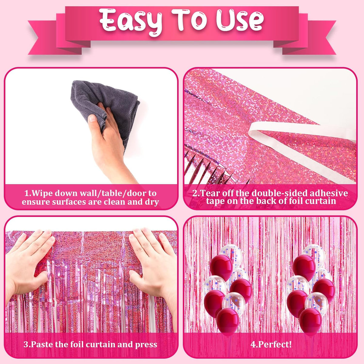 2 Pack 3.3x8.2 Feet Laser Pink Foil Fringe Backdrop Curtains, Tinsel Streamers Birthday Party