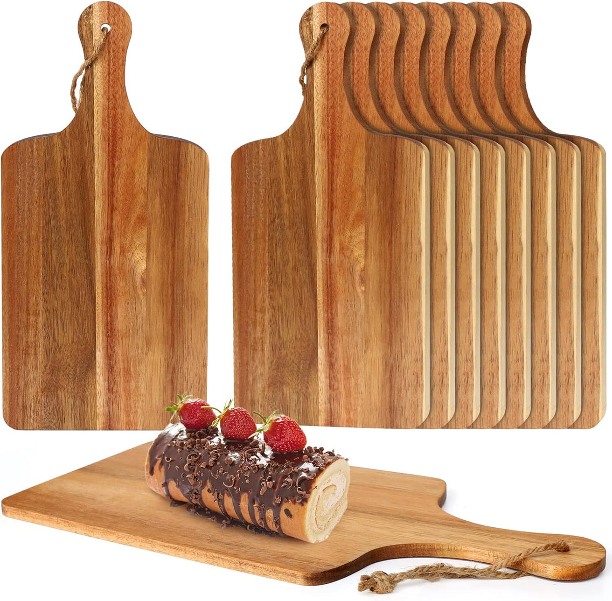 10 Packs Acacia Wood Cutting Board, 15 x 7 Inch Plain Chopping Board with Handles Large Serving