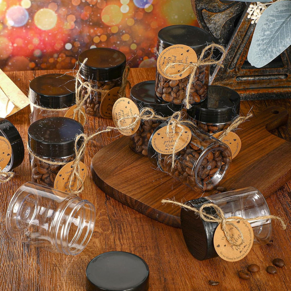 102 Pcs Coffee Bean Wedding Favors for Guests 50 Coffee Bean Jars with Lids 50 Thank You Tags