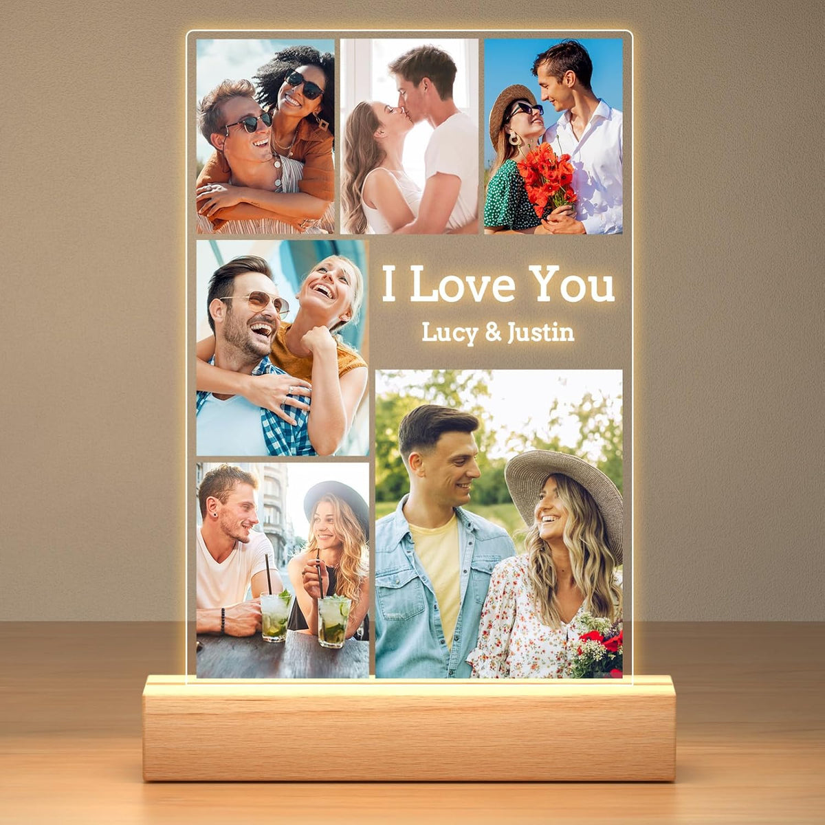 Custom Couple Picture Frames with Photos, Customized Acrylic Plaque Photo Frame with Night Light