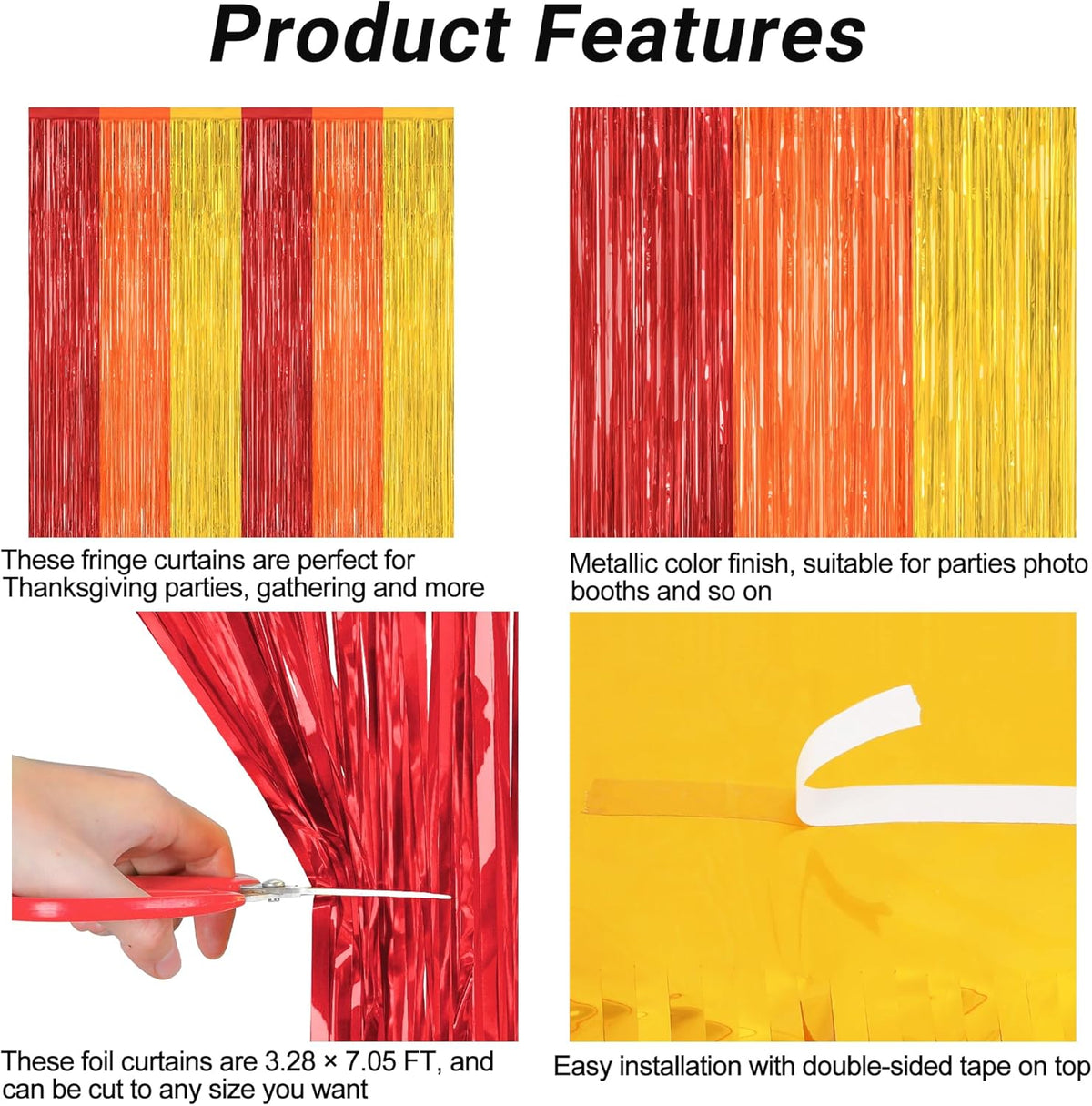 2 Pack Thanksgiving Backdrop, 3.28 FT x 7.05 FT Red Orange Gold Party Streamer, Metallic Fringe