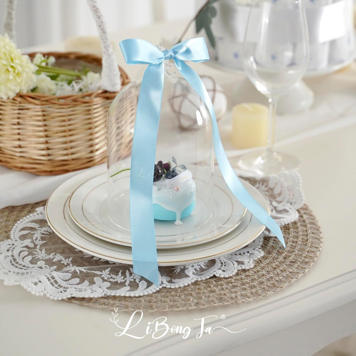 50 PCs Blue Bow Decor 5.5'' Satin Bows with Long Tail, Twist Tie Bows for Craft, Packaging Ribbon