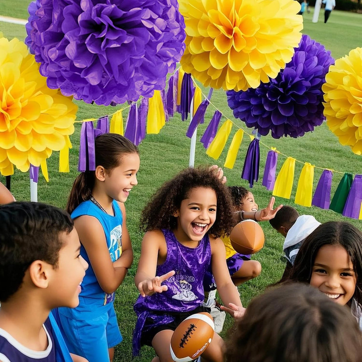 Capesaro Purple Yellow Tissue Paper Pom Poms，12PCS Tissue Paper Flowers for Basketball Sport Theme