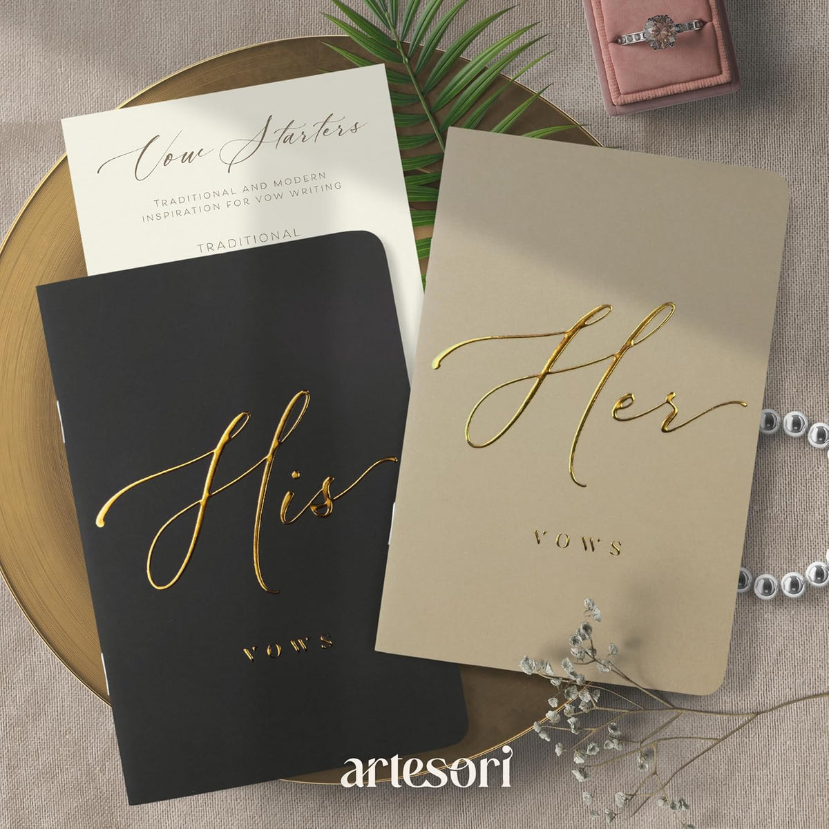ARTESORI Wedding Vow Book for Her & Him, Soft Touch, Gold Engraving, 28 Lined Pages, Wedding Vow