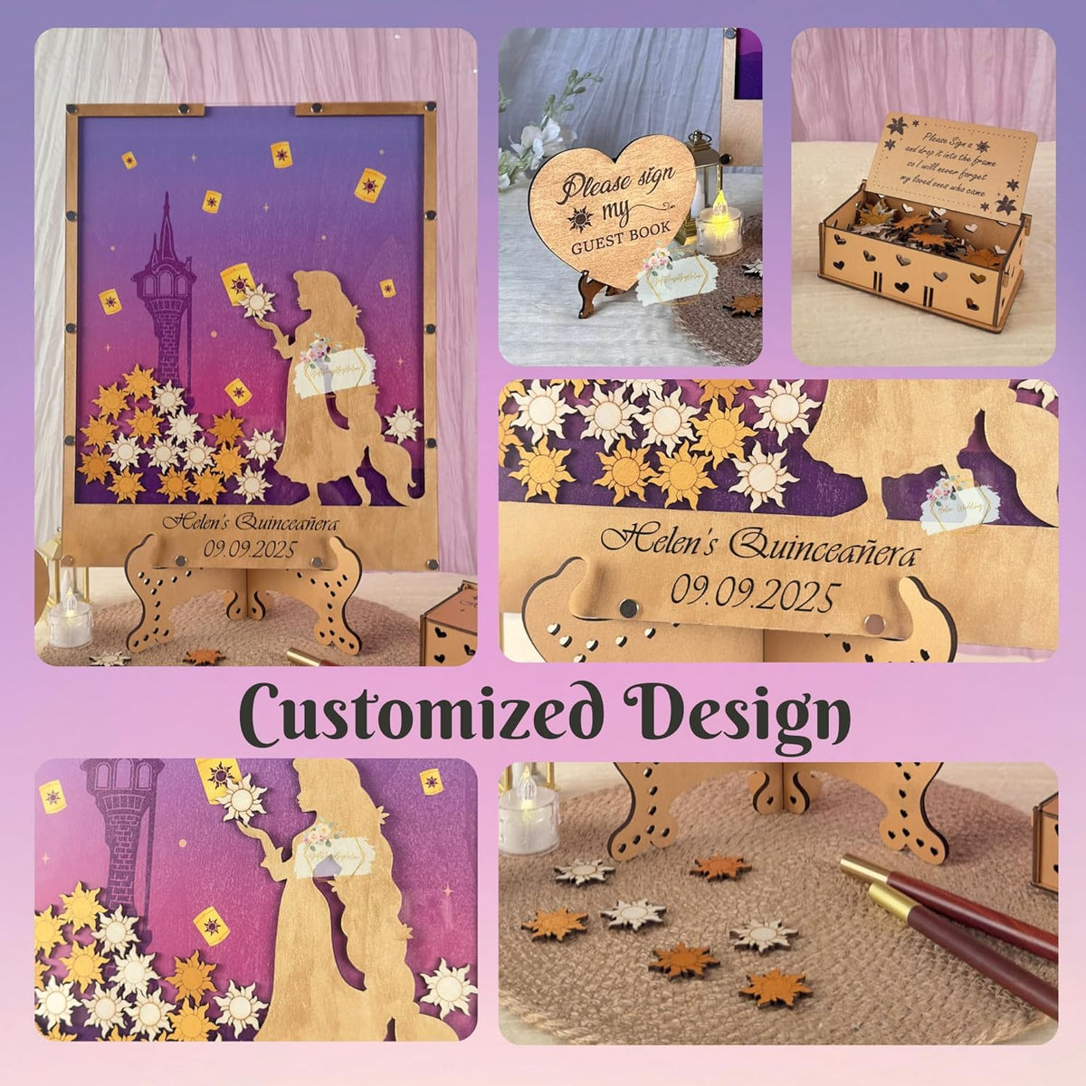 Princess Guest Book Alternative | Quinceañera Sweet XV Wooden Dropbox Frame with Lantern Tokens |