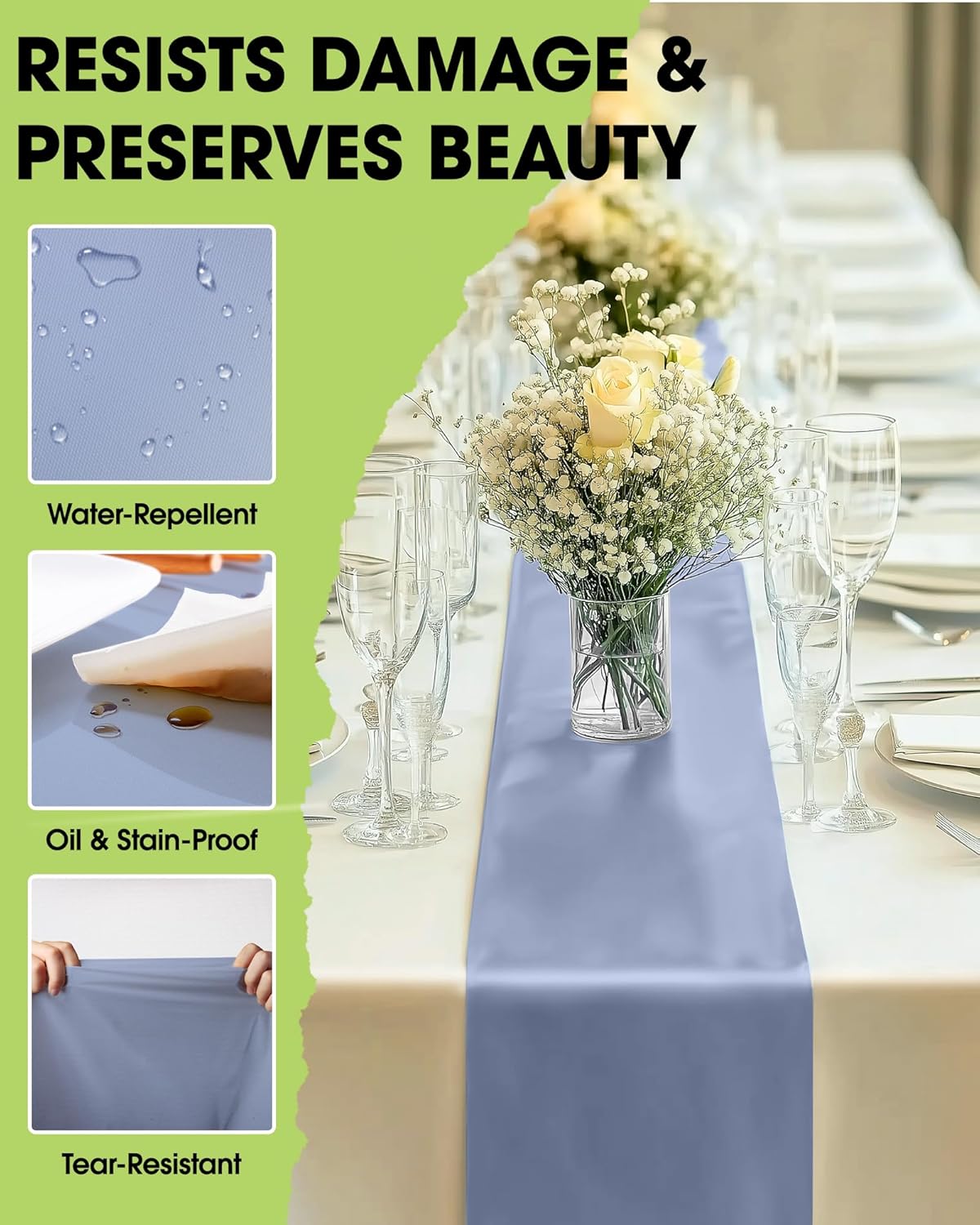 Pureegg Dusty Blue Plastic Table Runners - 10 Pack, 14'' x 108'', Water Resistant & Disposable
