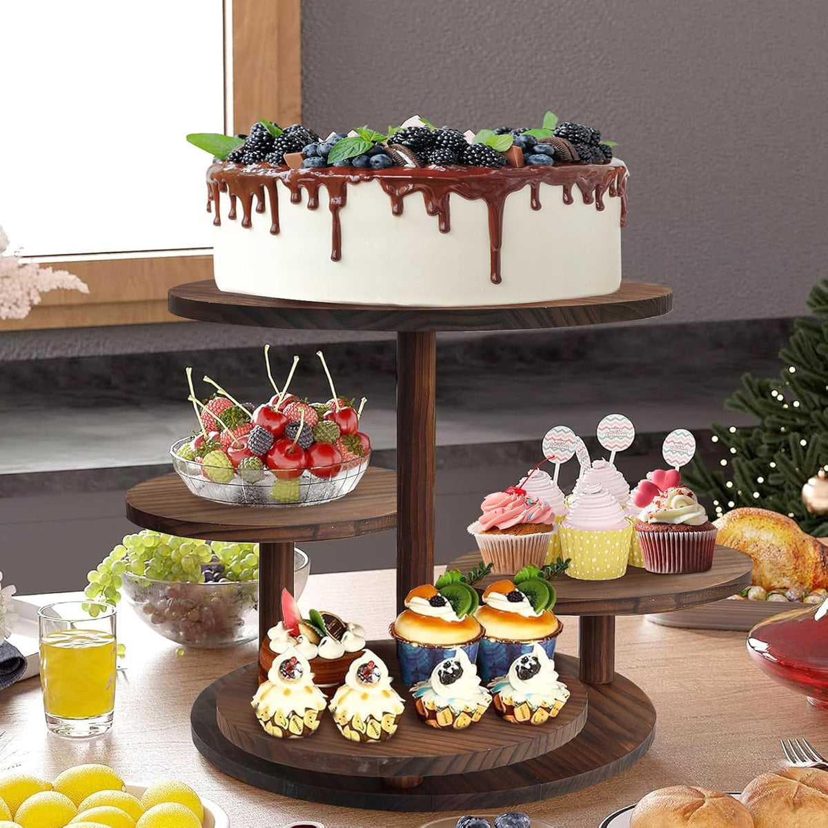 LARDUX Wooden Dessert Table Display Set - 4 Tier Cupcake Stand, 3 Tier Dessert Stand, 2Pcs Round