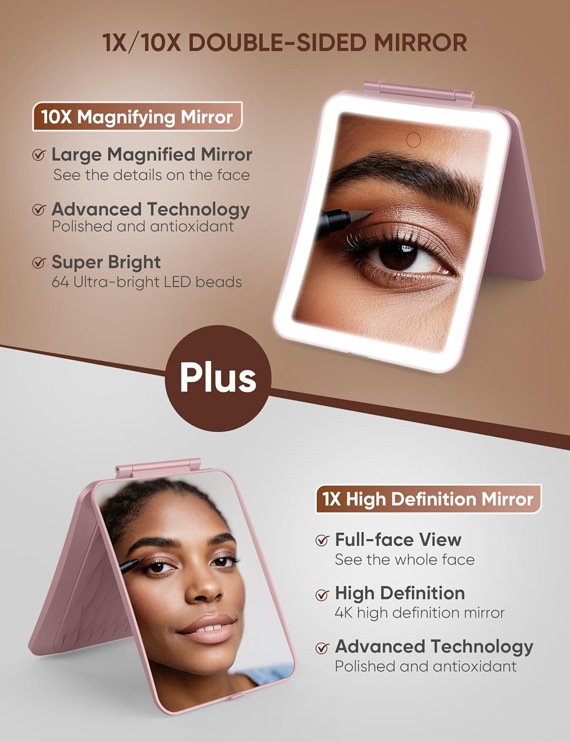 1X/10X Magnifying Makeup Mirror with 3 Colored Lights and Touch Control, 2700mAh Rechargeable LED