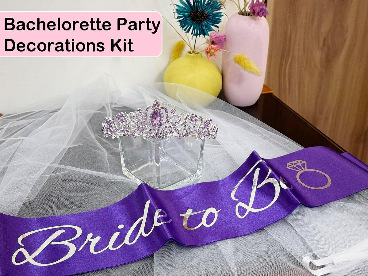 JETKONG 3 Pcs Bachelorette Party Decorations Bridal Shower Crown, Bride to Be Sash&Veil for Women