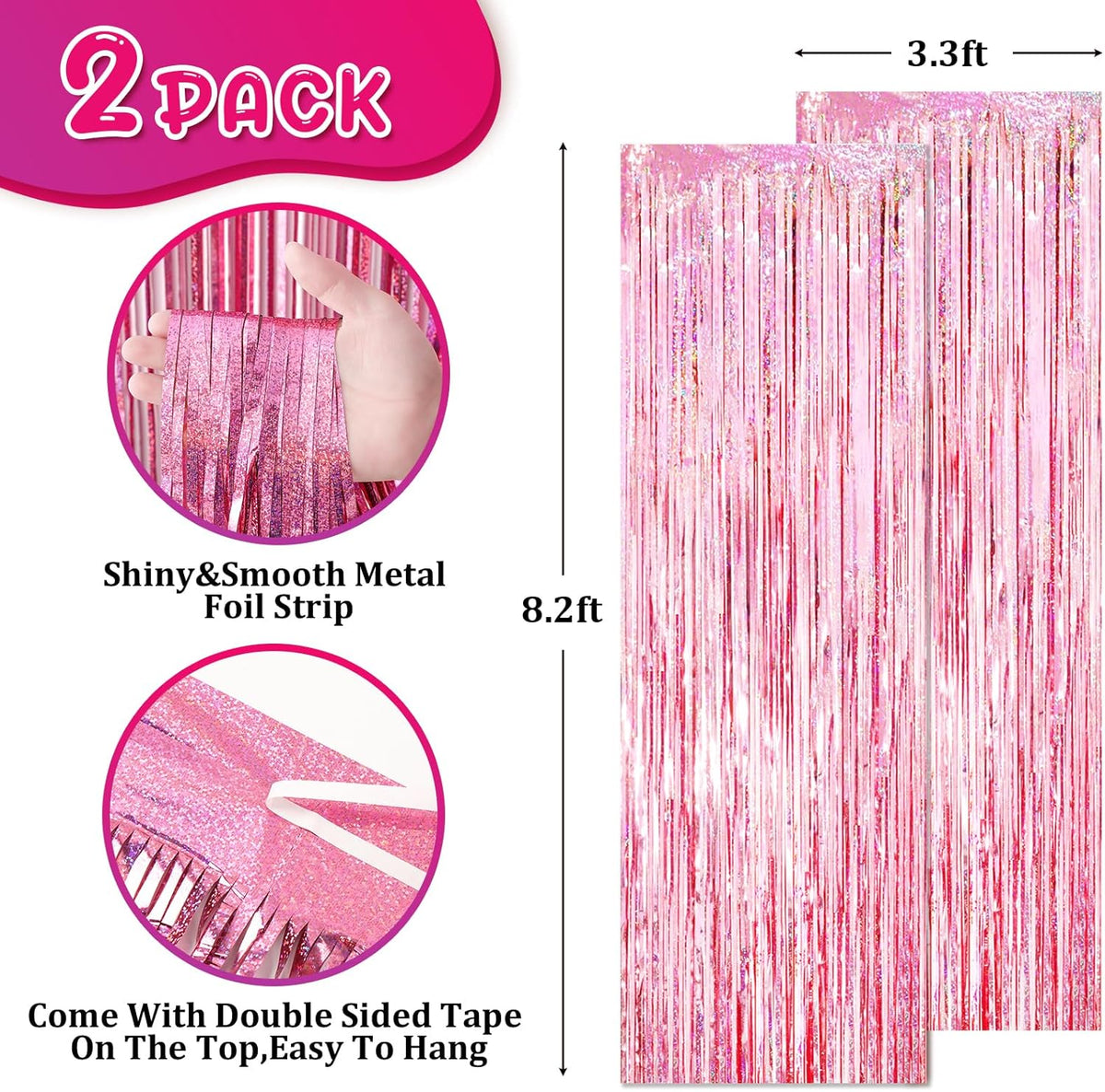 2 Pack 3.3x8.2 Feet Laser Pink Foil Fringe Backdrop Curtains, Tinsel Streamers Birthday Party