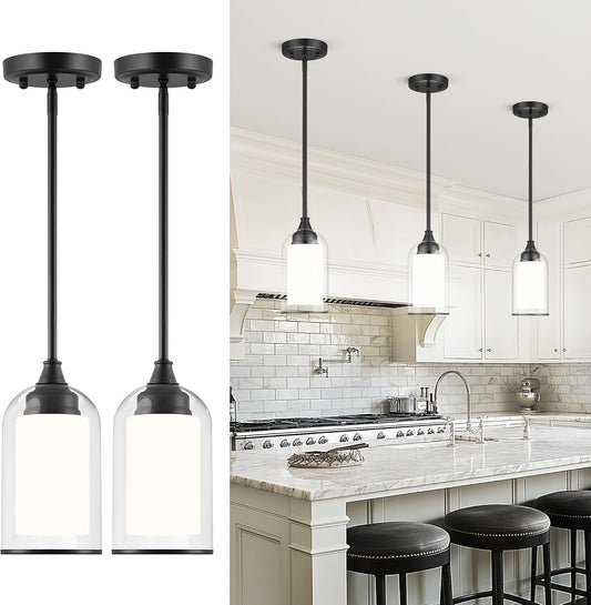 LIROUVET 2 Pack Pendant Lights Kitchen Island, Dual Glass Pendant Lights, Black Hanging Lamp with