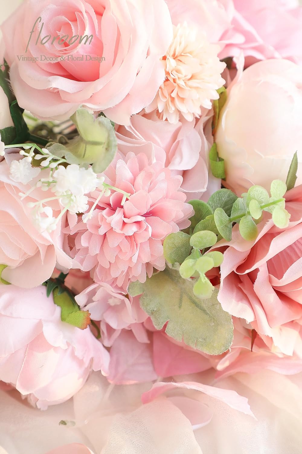 Floroom Blush Artificial Flowers Fake Roses Peonies Dahlia and Greenery Combo Box Set for DIY Pink