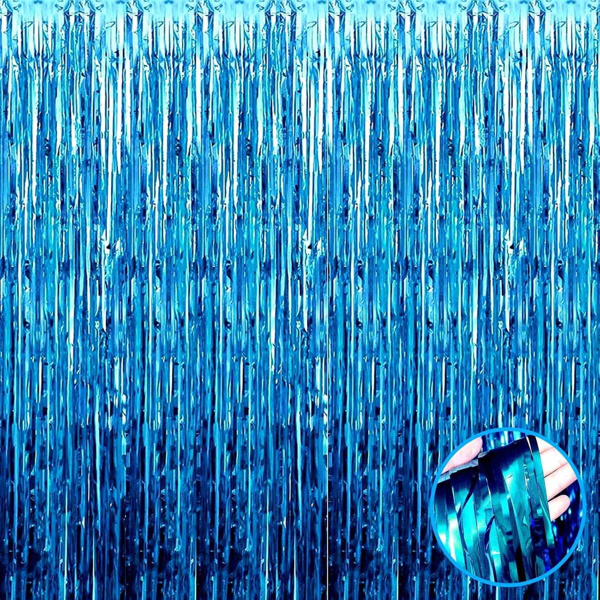 4 Pack Lake Blue Foil Fringe Curtain Backdrop, 3.3Ft x 9.8Ft Metallic Tinsel Foil Fringe Streamers
