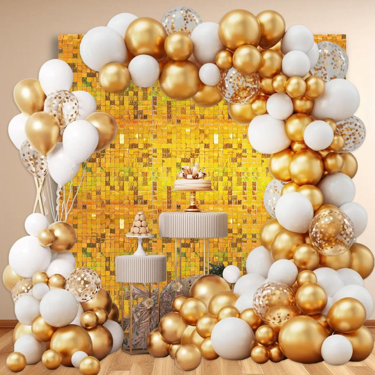 12PCS Gold Shimmer Wall Backdrop, Laser Square Sequin Photo Backdrops Panel, Glitter Wall