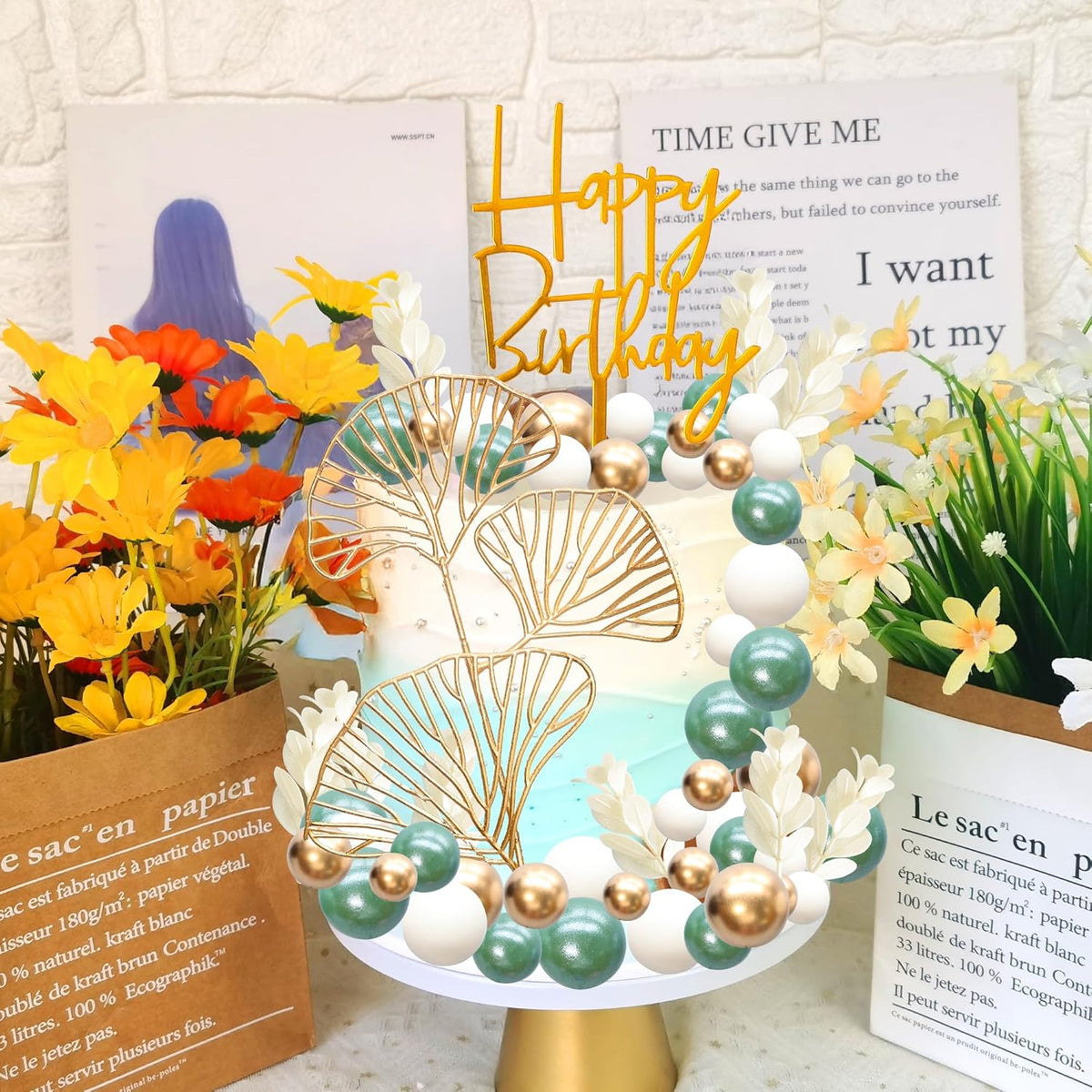 Gyufise 57Pcs Balls Cake Topper Boho Grass Cake topper Pearl Balls Acrylic Happy Birthday Cake