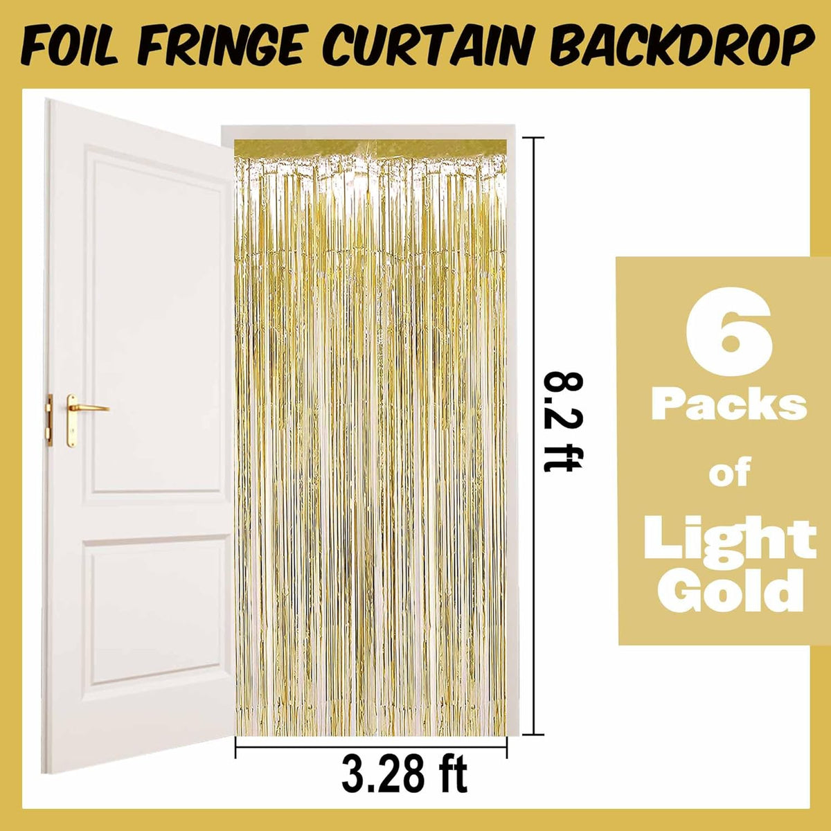 6 Pack Light Gold Foil Fringe Curtains Backdrop, 3.28 x 8.2 Ft Metallic Streamers Tinsel Curtains