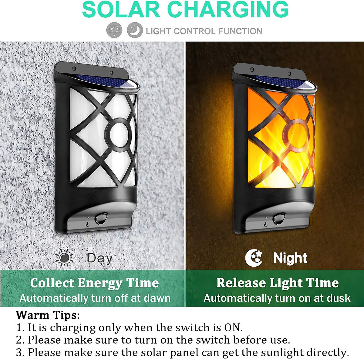 6 Pack Solar Flame Lights Outdoor Waterproof - Realistic 3D Flickering Flame Wall Lantern with 66