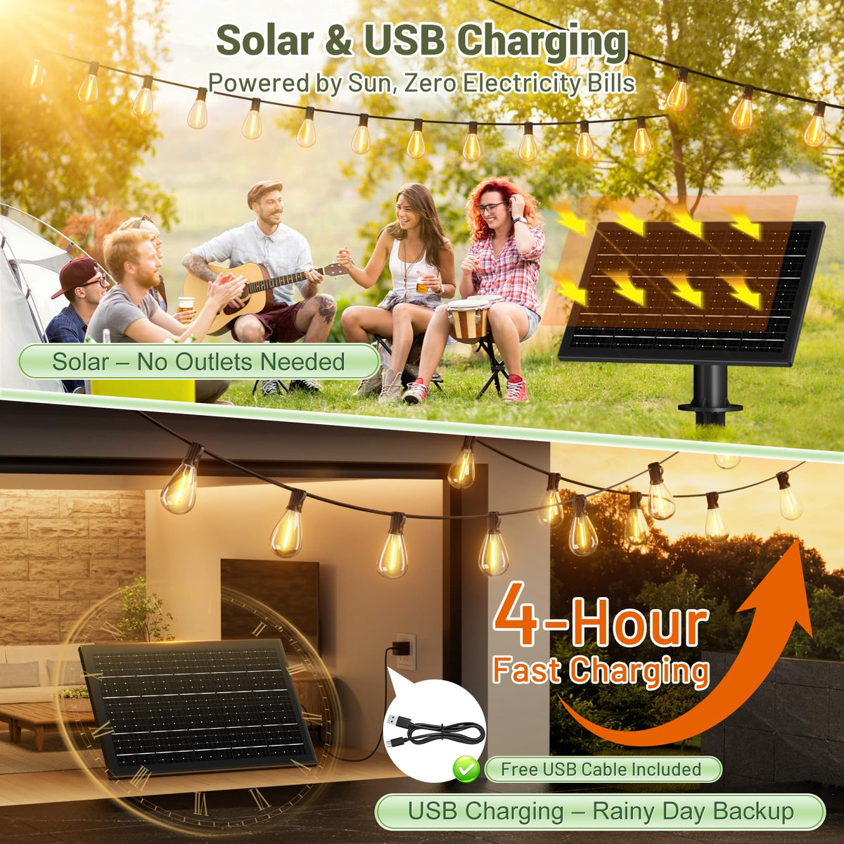 Amzrap 200FT Solar String Lights Outdoor Waterproof 72+2 LED Bulbs, Solar Powered with Remote & USB