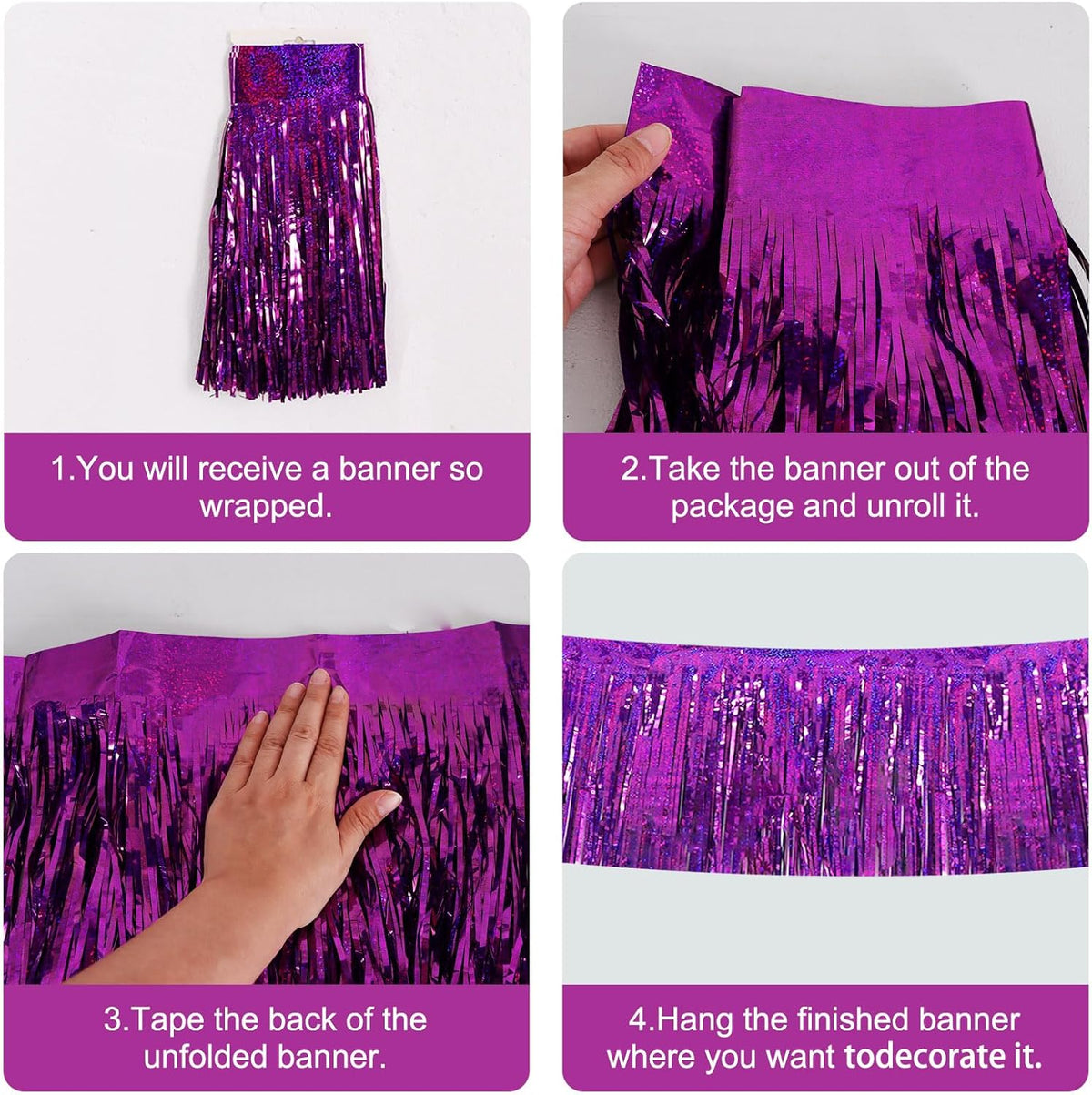 BEISHIDA 3 Packs Metallic Foil Fringe Garland Laser Purple Wall Hanging Tinsel Fringe Banners for