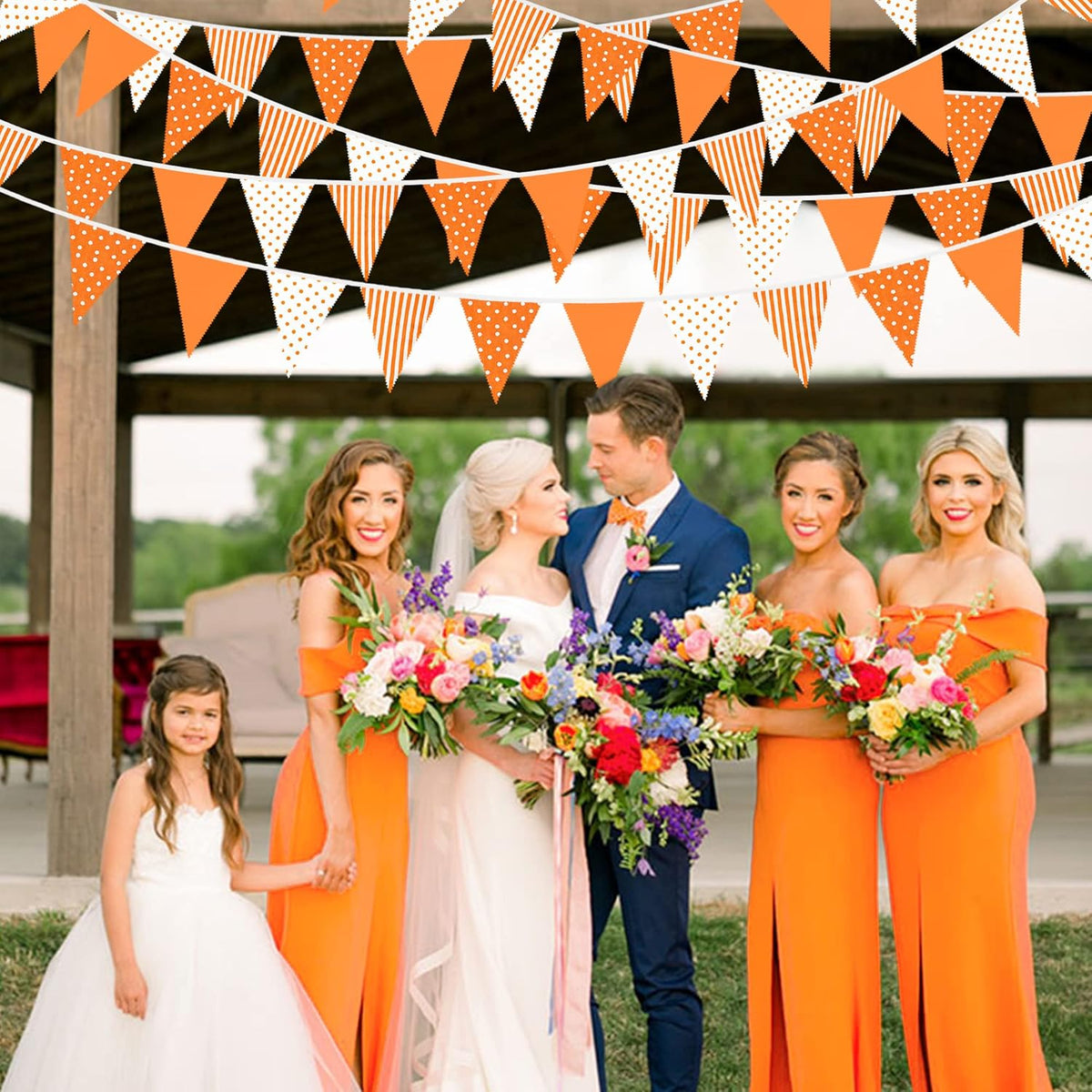 32Ft Orange Stripe Dot Triangle Flag Fabric Banner Cotton Pennant Garland Bunting Streamer for Fall