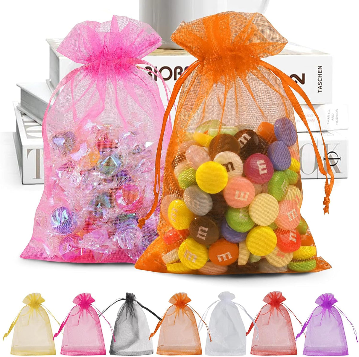 ANZNKU 50 Pack Multicolor Organza Bags 4 x 6 inch, Small Mesh Bag Drawstring, Organza Gift Bag for