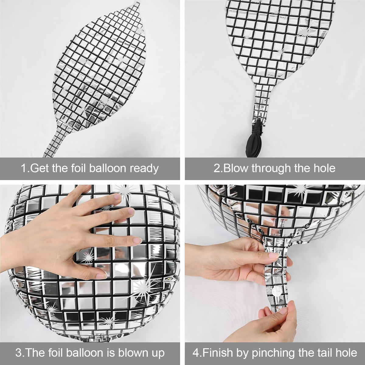 Disco Ball Balloons 4PC,Foil Disco Balloons 22 Inch 4D Round Metallic Silver Balloon for 70s 80s
