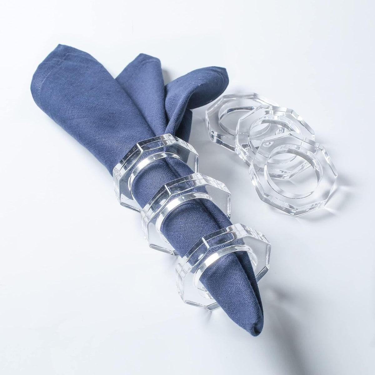 Acrylic Napkin Rings Set of 12 - Octagon Transparent Design for Christmas, Thanksgiving, Holiday