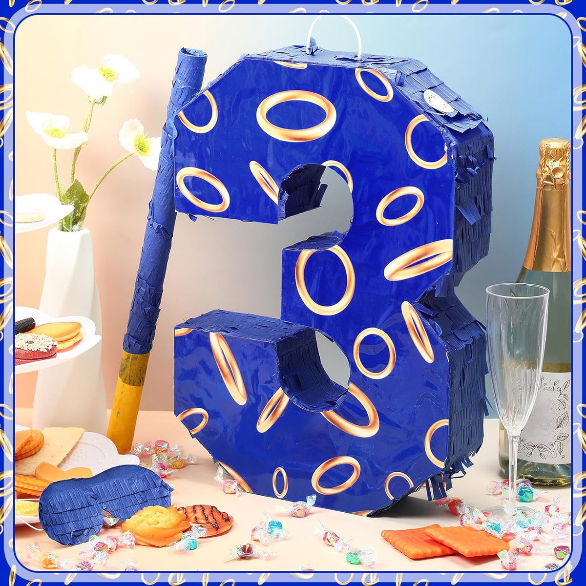 Number 3 Blue and Golden Rings Piñata for Kids Birthday Cartoon Theme Small Piñata with Blindfold