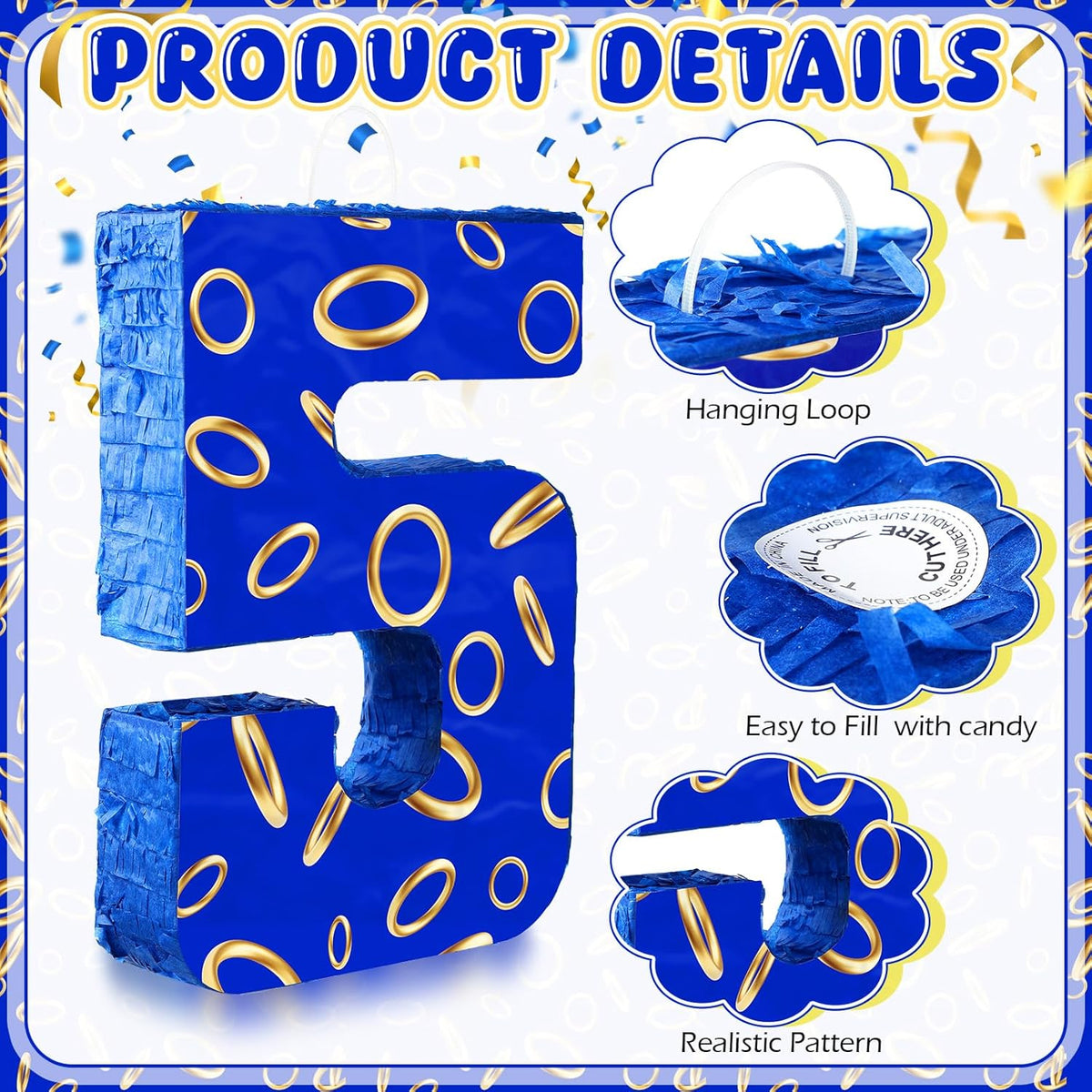 Number 5 Blue and Golden Rings Piñata for Kids Birthday Cartoon Theme Small Piñata with Blindfold