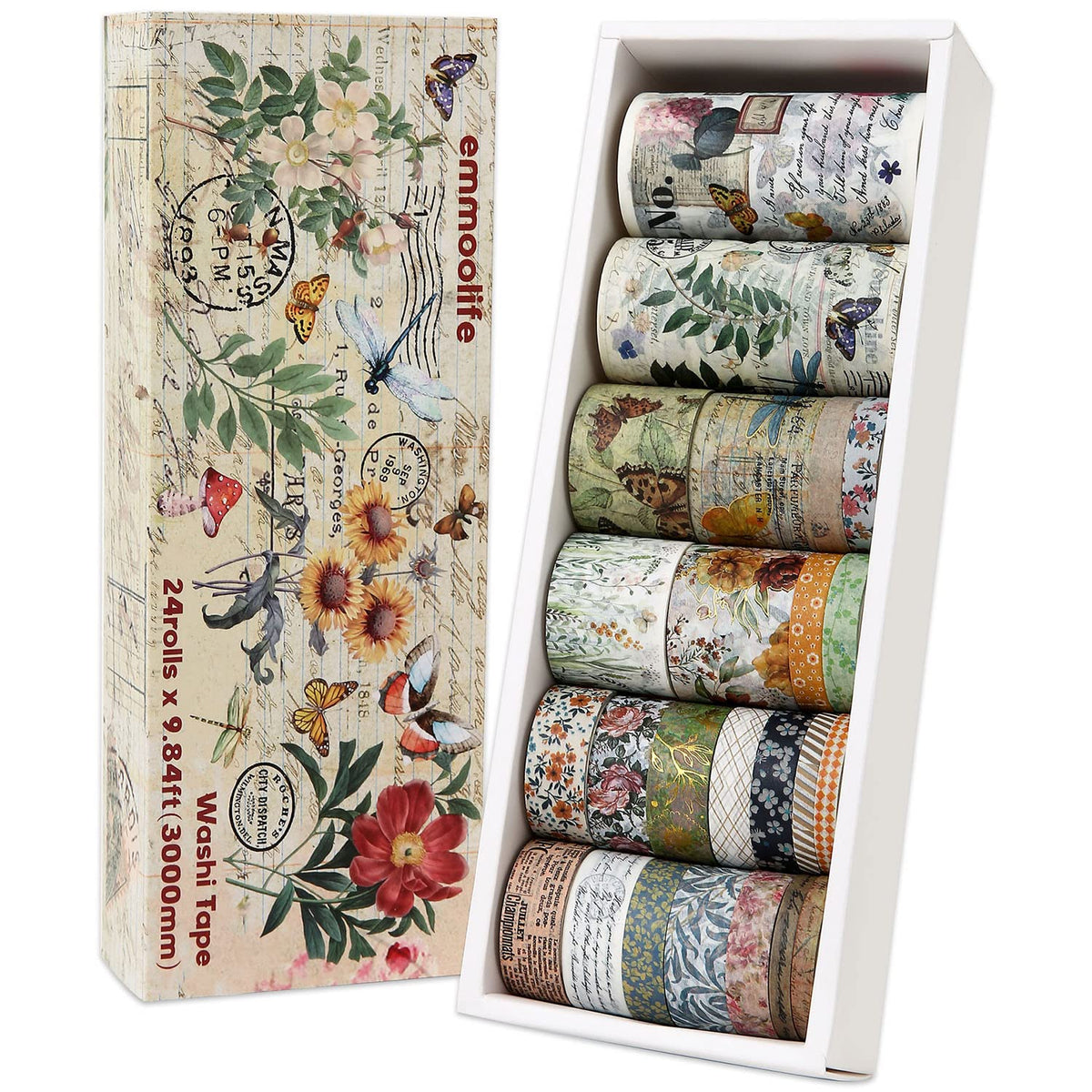 24 Rolls Vintage Washi Tape Set, Floral Letter Butterfly Mushroom Botanical Flower Writable