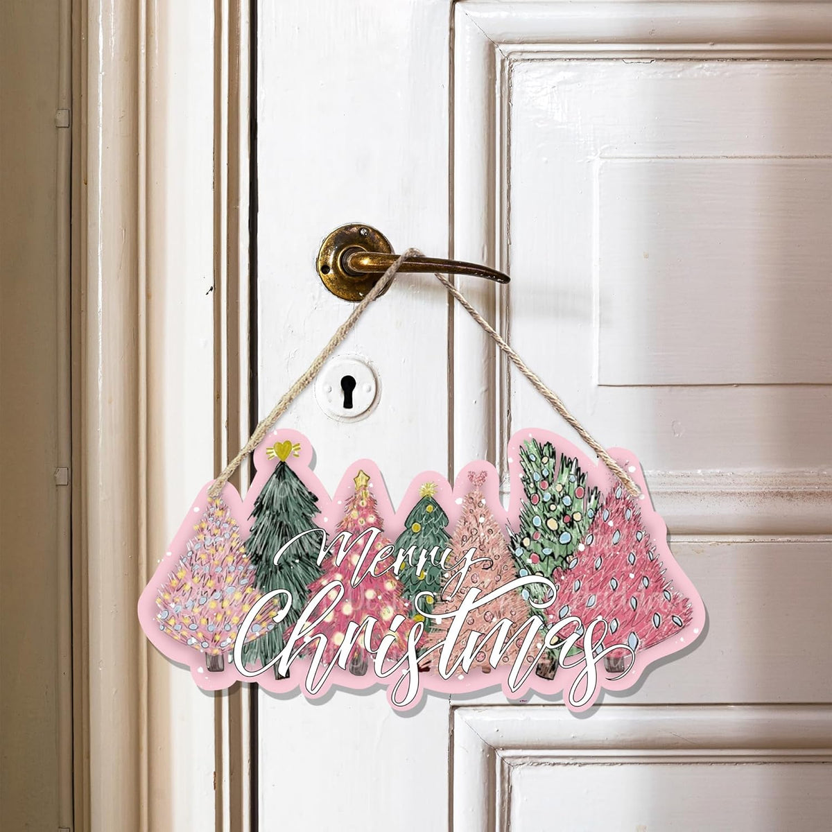CGBHW Pink and Green Christmas Tree Wooden Sign, Merry Christmas Decoration Hanging Sign Wall