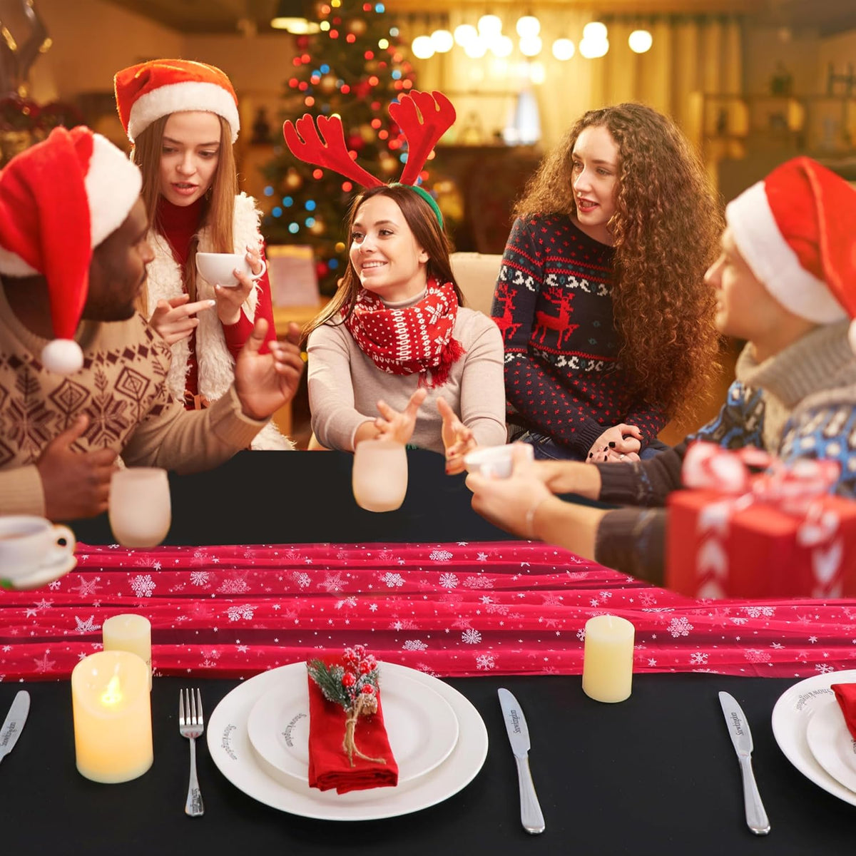 Snowkingdom Red Christmas Table Runner, Red and White Snowflakes Cheesecloth Table Runner, Chiffon
