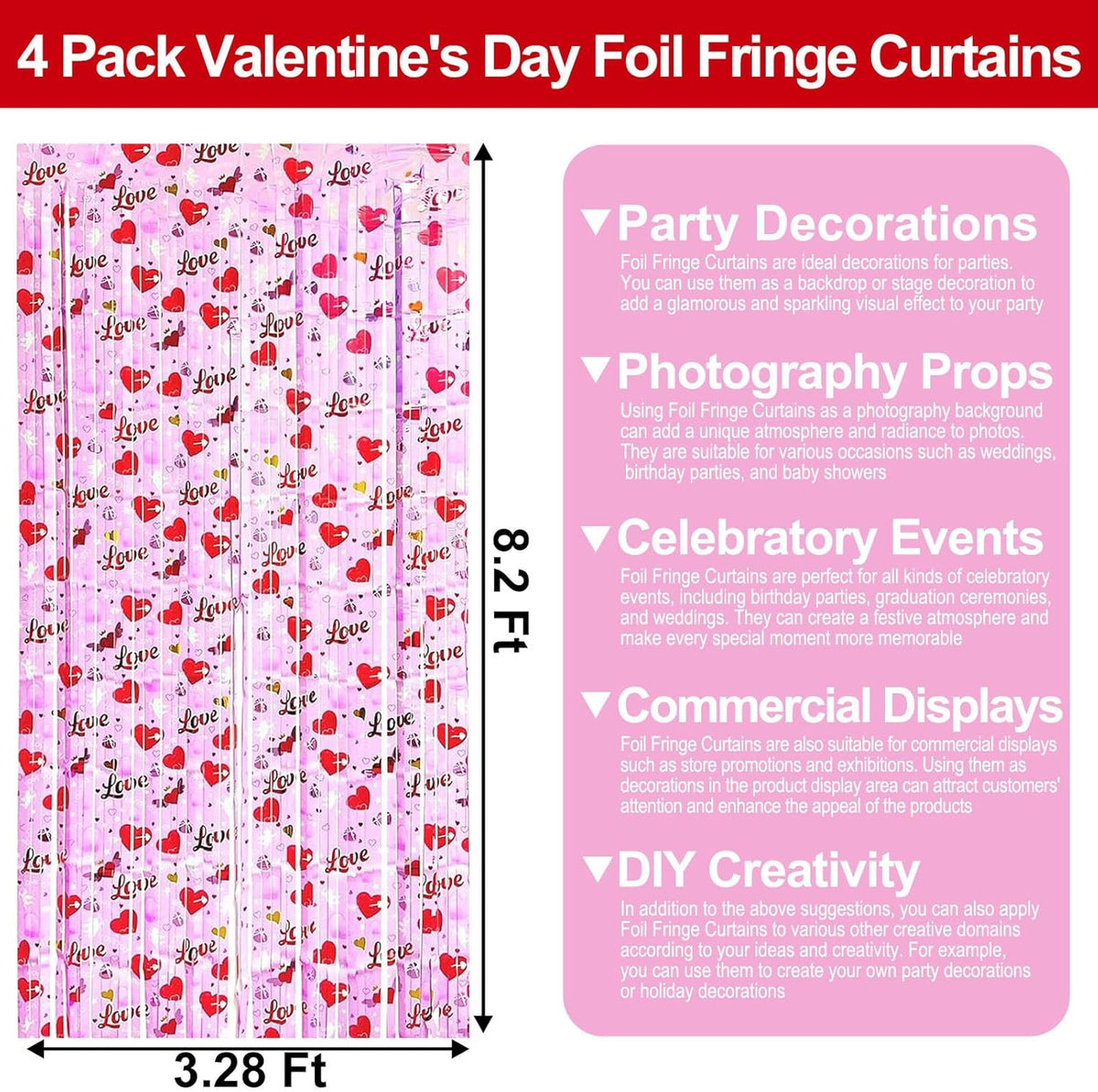 4 Pack Love Pink Wave Foil Fringe Curtain Backdrop, 3.28Ft x 8.2Ft Metallic Tinsel Foil Fringe