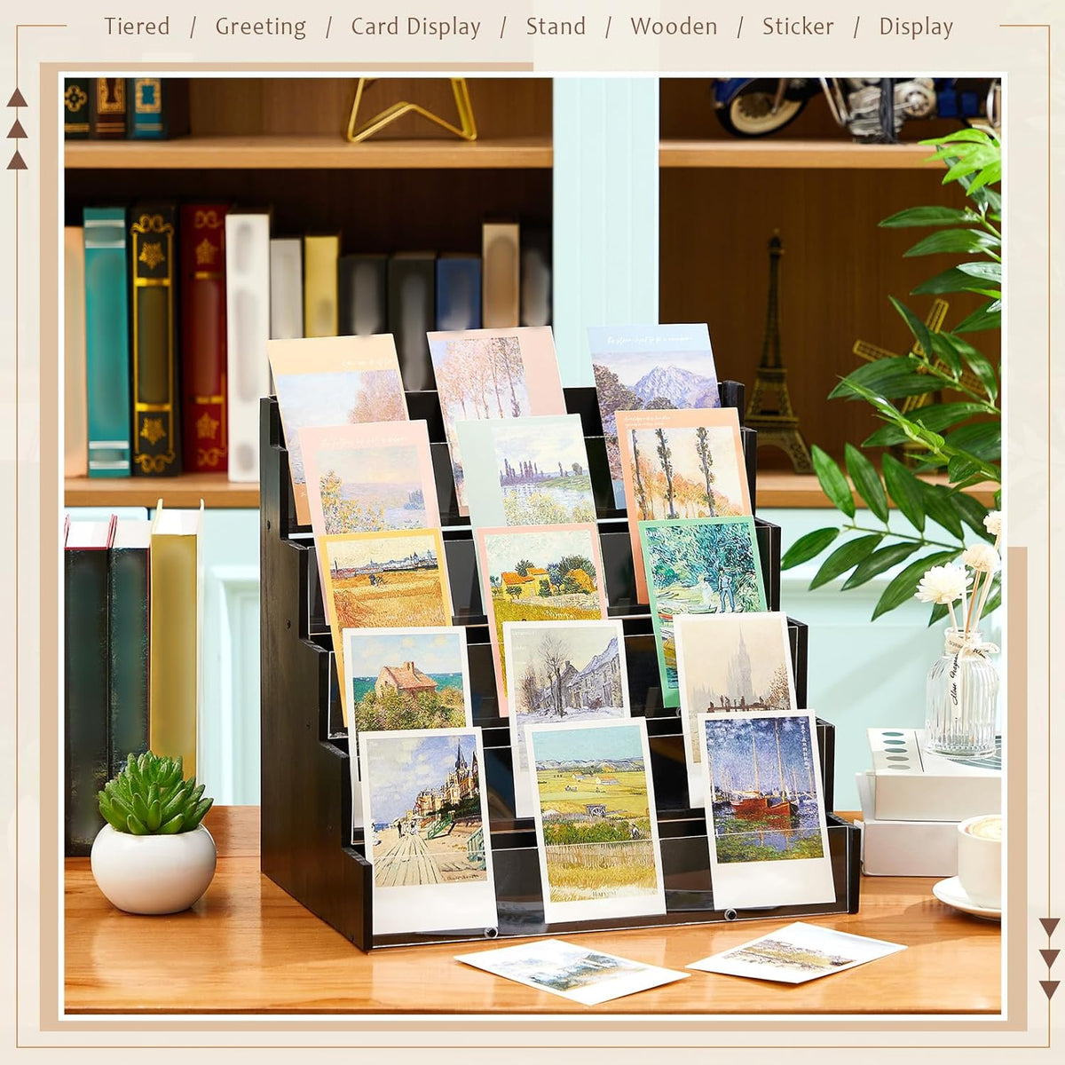 5 Tier Greeting Card Display Stand Black Bamboo and Acrylic Sticker Display Stand Trading Card