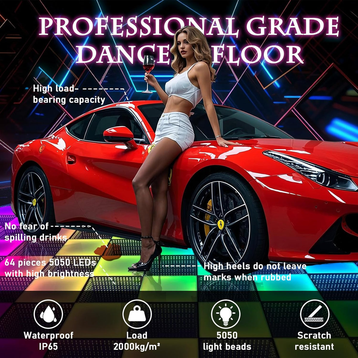 Dance Floor Stage Lights-Tempered Glass with Flight Case - RGB Color Changing Lights for Wedding