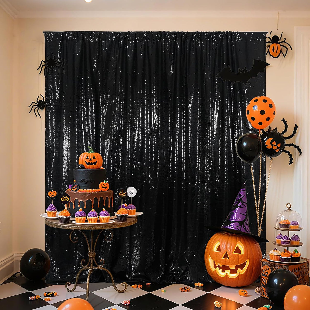 Poise3EHome 6Ft x 8Ft Black Sequin Backdrop, Glitter Thick Satin Background Drapes, Sparkly Opaque