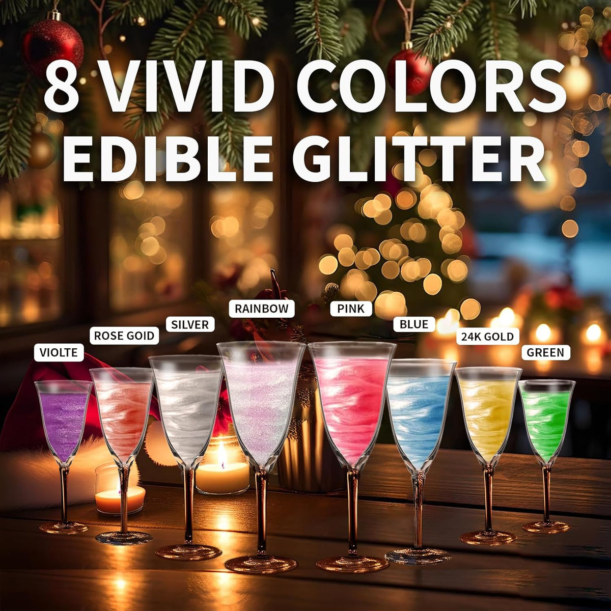 Edible Luster Dust 8 Colors Set - Edible Glitter for Cocktails, Rainbow Food Grade Powder Glitter