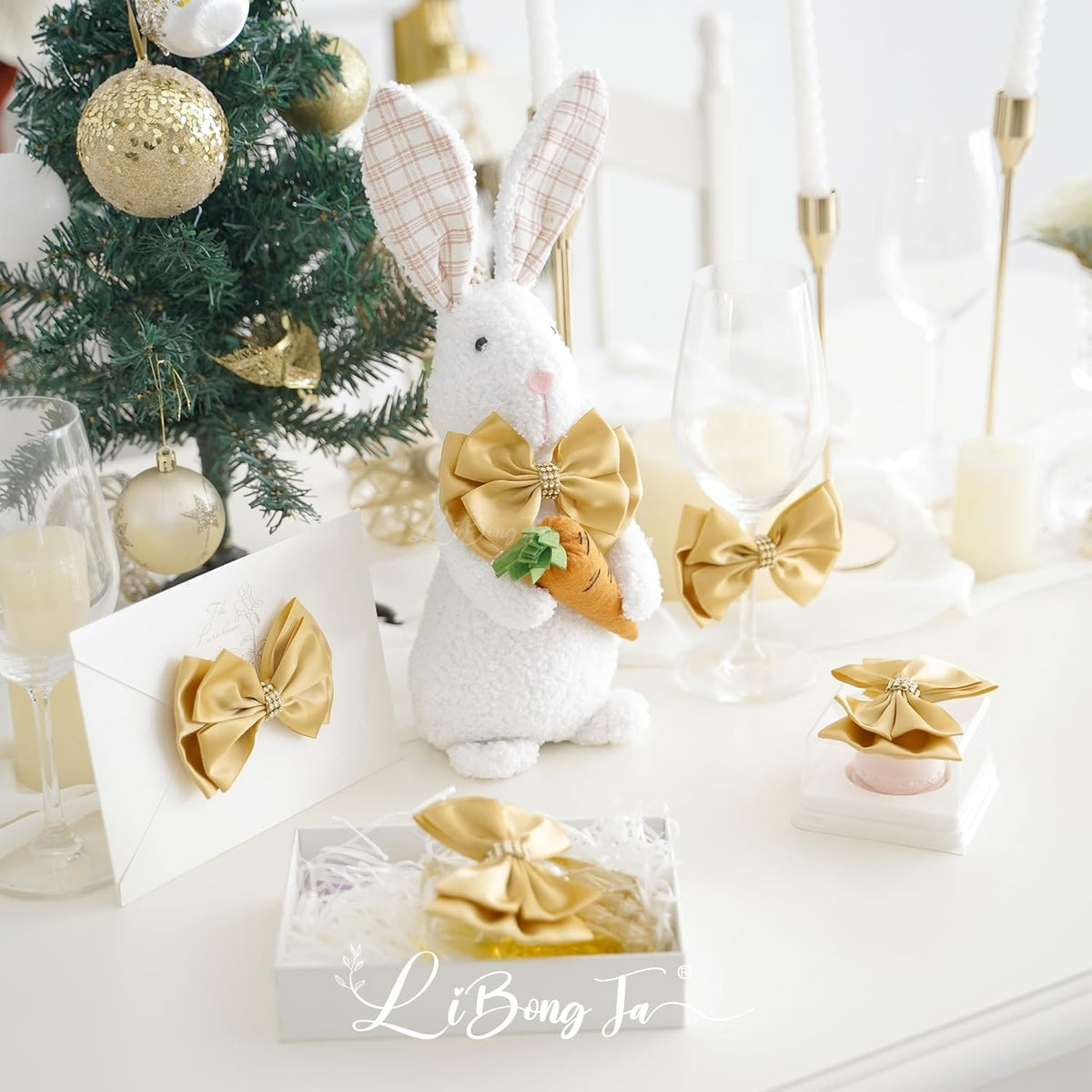Gold Bows 4'' Premade Satin Ribbon Bow, Gift Bows with Rhinestone, Wrapping Bows for Presents