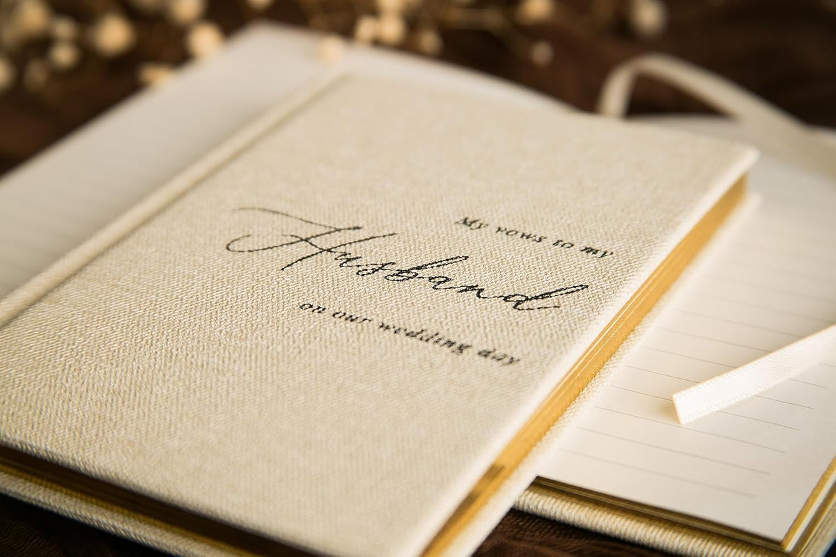 MUUJEE Hard Cover Vow Books (Set of 2) - Cream Canvas Linen Foil Embossed Wedding Ceremony Vow