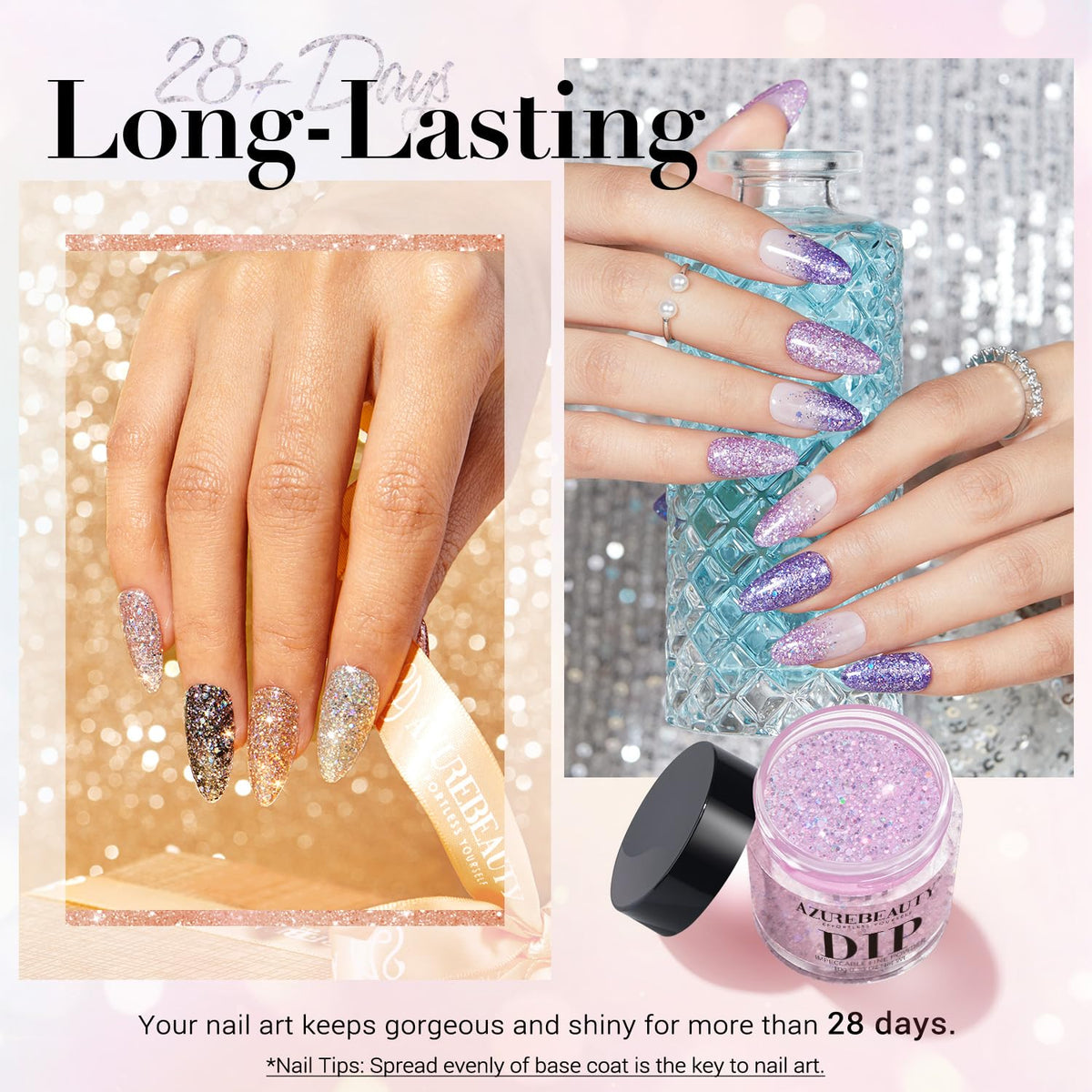 AZUREBEAUTY Dip Nails Powder Starter Kit, Silver Pink Blue Purple Black Shiny Chrome Platinum 8 All