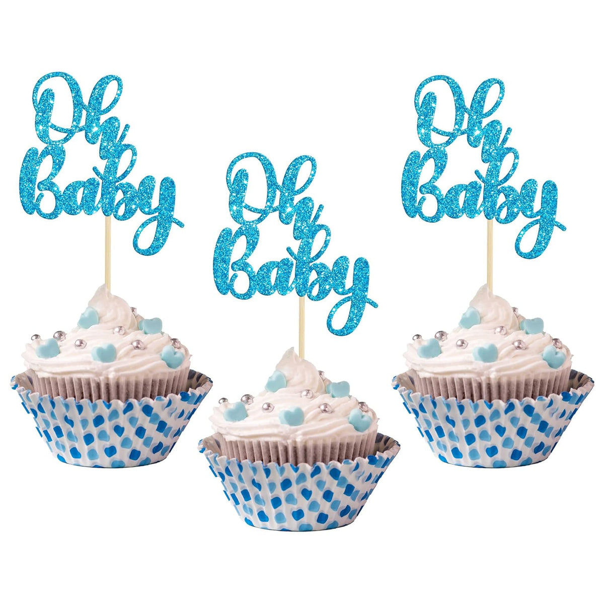 Gyufise 36 Pack Blue Glitter Oh Baby Cake Cupcake Toppers Picks for Wedding Birthday Baby Shower