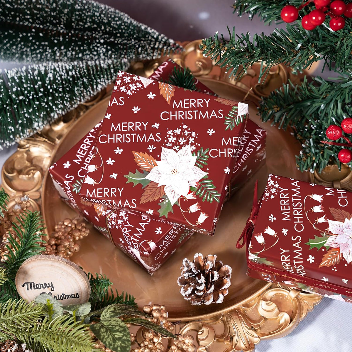 LeZakaa Christmas Wrapping Paper Roll - Red Flower & Merry Christmas Letter Pattern for Holiday