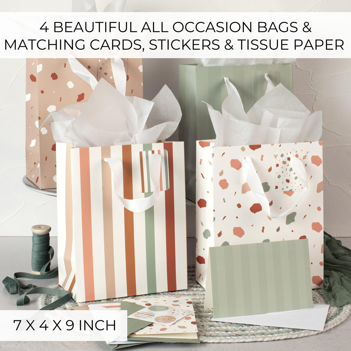 Beautiful Gift Bags Set of 4 with Handles, Tissue Paper, Stickers & Cards