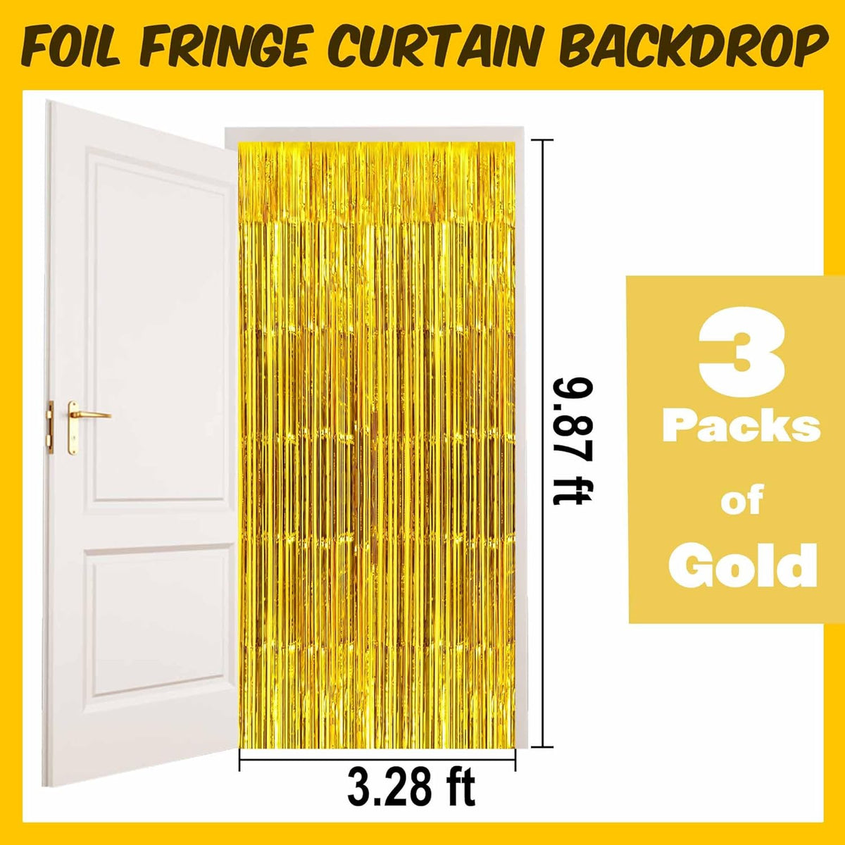 3 Pack Gold Foil Fringe Curtains Backdrop, 3.28 x 9.8 Ft Metallic Streamers Tinsel Curtains