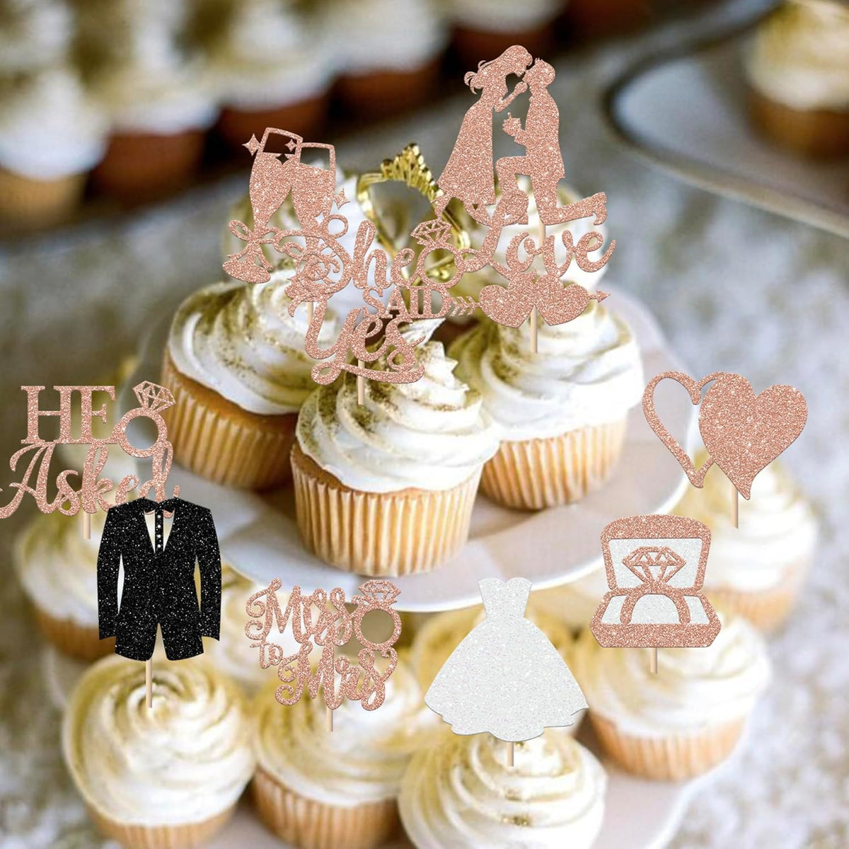 30 Pack Bride to be Cupcake Toppers Glitter Diamond Ring I Do Love Cupcake Picks Miss to Mrs He