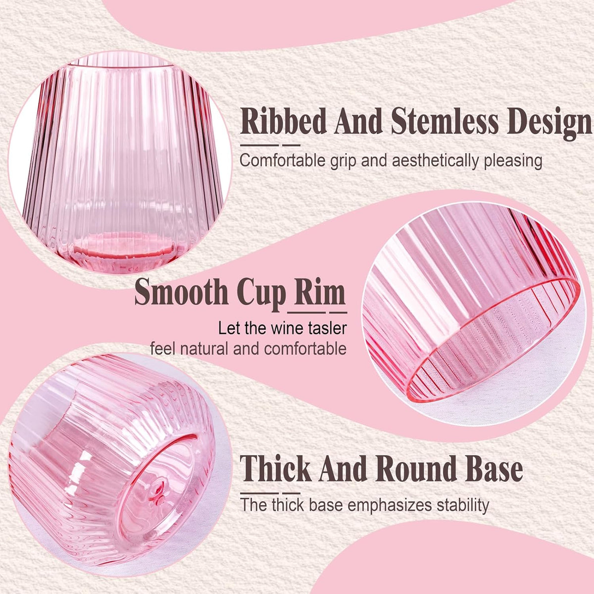 30 Pack Pink Plastic Ribbed Wine Glasses, 14 OZ Origami Stemless Disposable Wine Champagne Whiskey