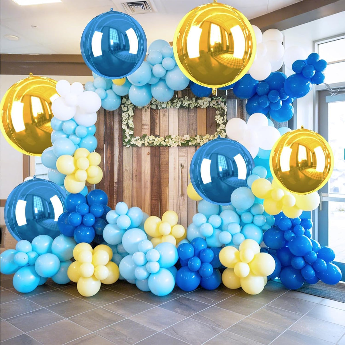 Blue Gold Giant 4D Foil Balloons, 6 Pcs Large Metallic Blue and Gold Round Balloons, 22 Inch Big