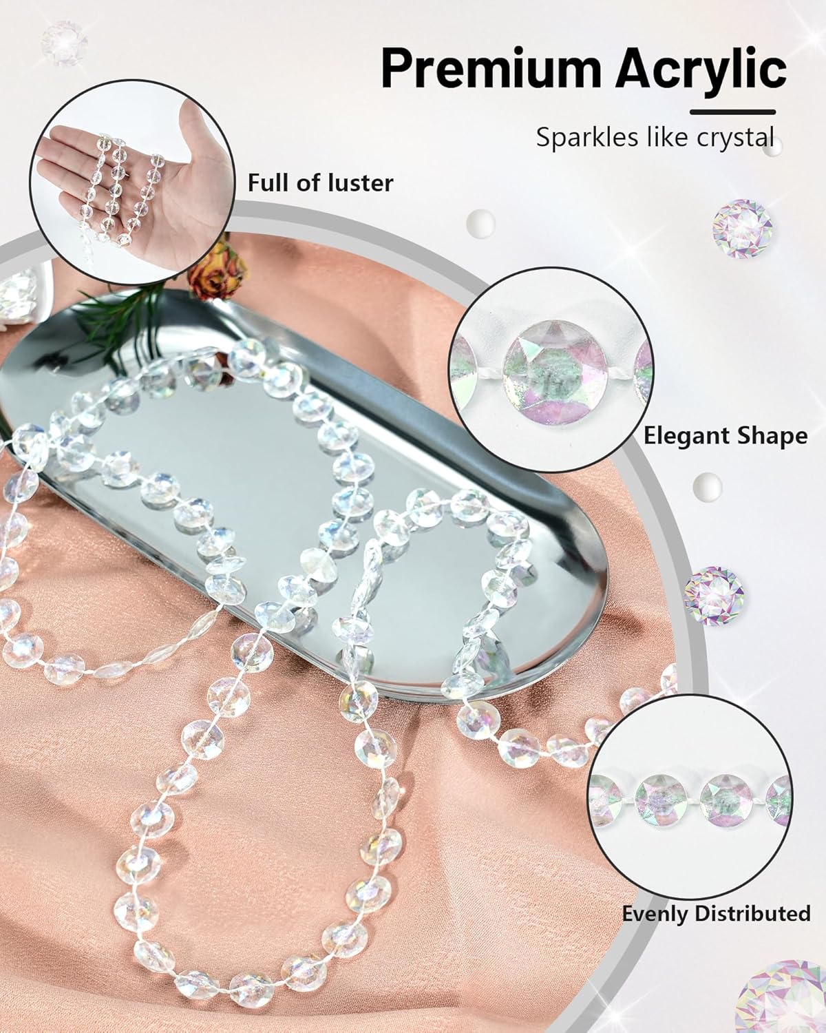 99FT Crystal Garland Strands, Acrylic Iridescent Crystal Beads String Roll, Diamond-Shaped Crystal